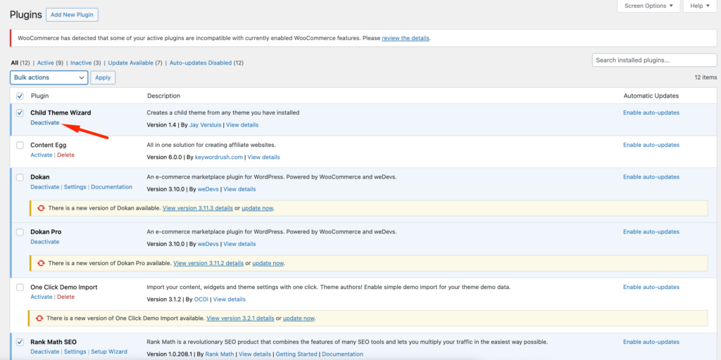 questo è uno screenshot della disattivazione di un plugin