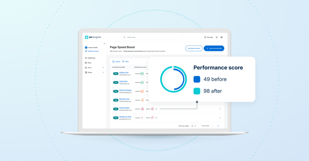 WP Engine Page Speed Boost, kodunuzu optimize etmenize, Önemli Web Verileri dahil PageSpeed puanlarınızı artırmanıza ve SEO'nuzu saniyeler içinde güçlendirmenize olanak tanır.