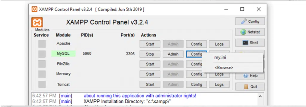 「MySQL が予期せずシャットダウンしました」XAMPP エラーを修正する方法? 9 Opening my.ini file