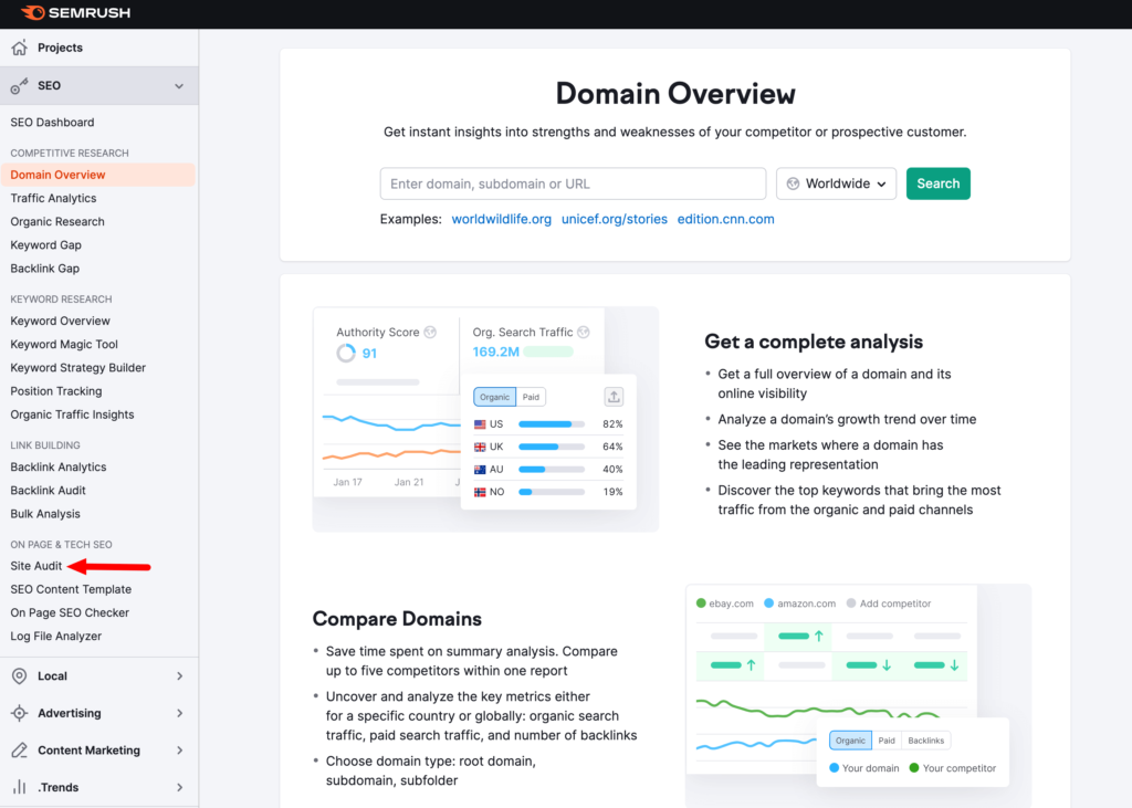 Dies ist ein Screenshot der Site-Audit-Option von SEMRush