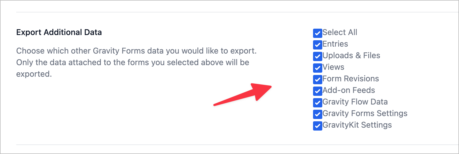 Die Exporteinstellungen in GravityMigrate; Hier gibt es Kontrollkästchen, mit denen Sie zusätzliche Gravity Forms-Daten exportieren können.