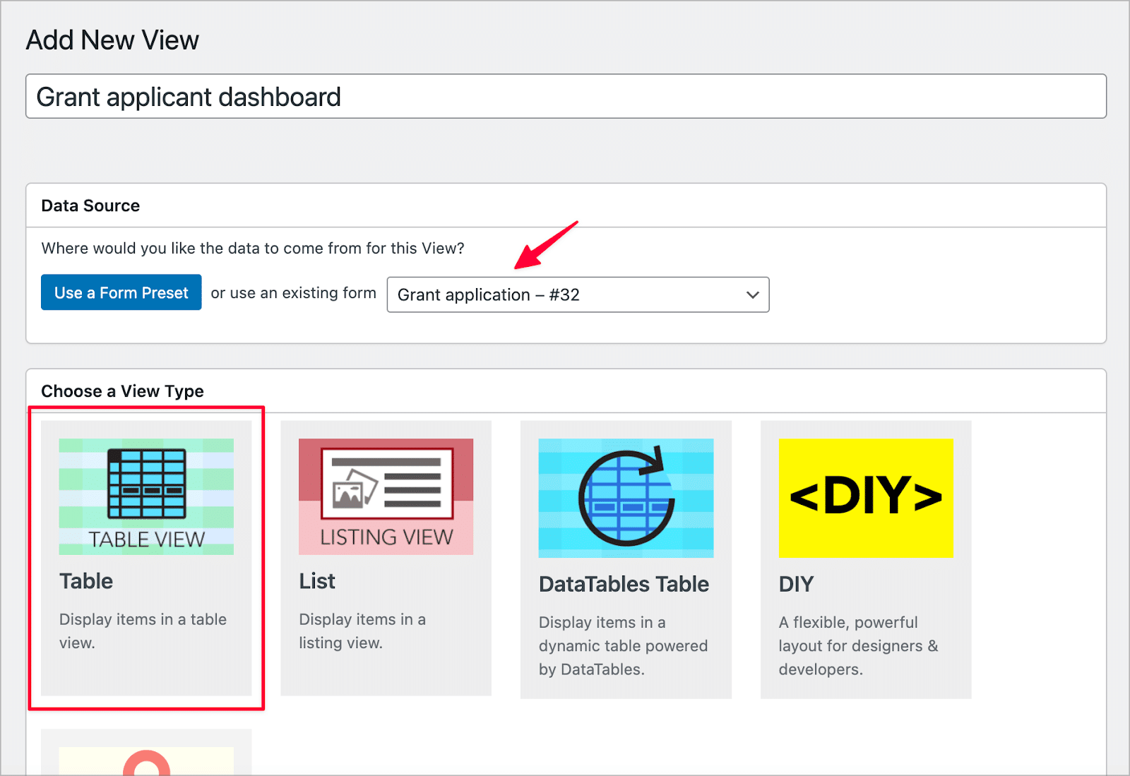 WordPress 中的視圖建立畫面;有一個箭頭指向標有「資料來源」的下拉欄位。
