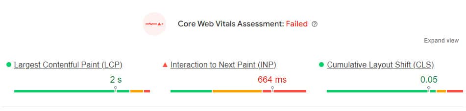Un échec d’évaluation Core Web Vitals