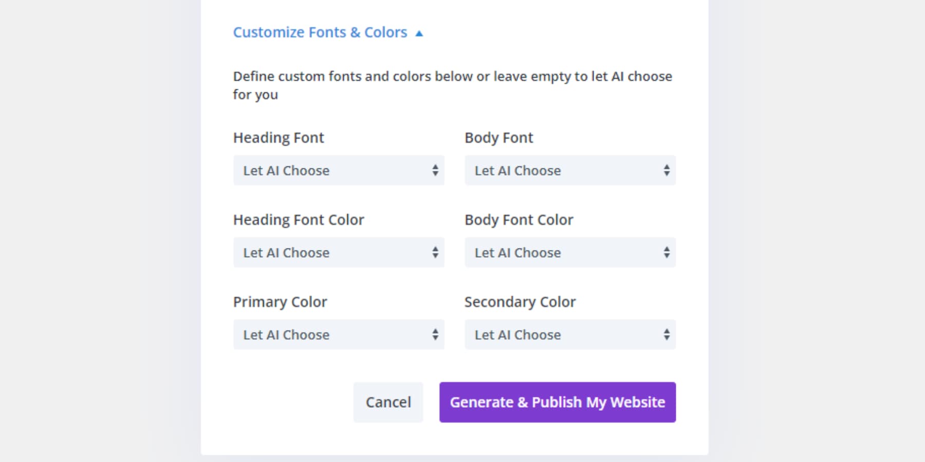 O captură de ecran a opțiunilor de personalizare a fonturilor și culorilor Divi Quick Sites