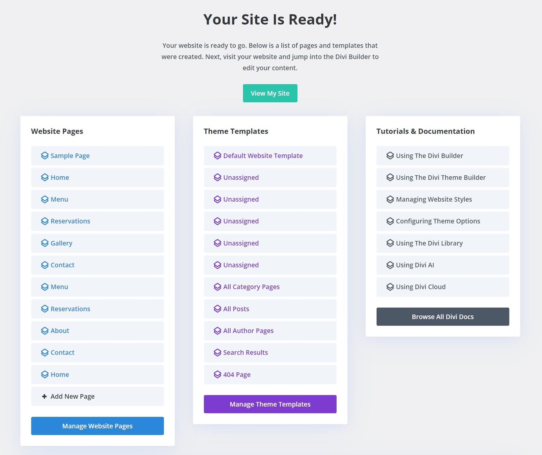 Tabloul de bord Divi Quick Sites