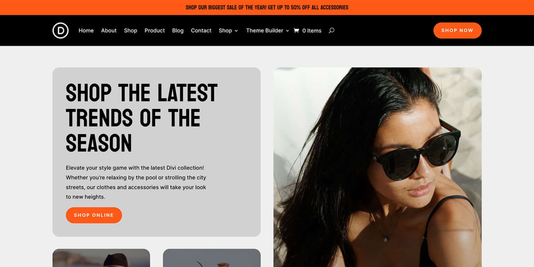 O captură de ecran a șablonului de pornire pentru magazinul online Divi Quick Sites