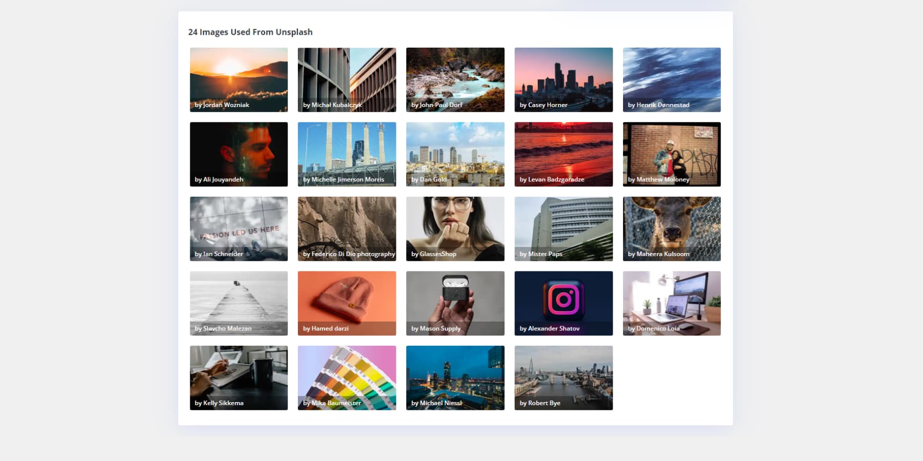 O captură de ecran a imaginilor incluse ale Divi Quick Sites de la Unsplash