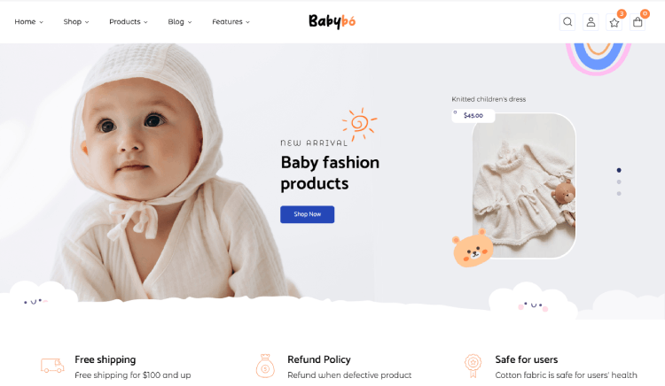 11 Temas y plantillas de WordPress para ropa de bebé 4 Babybo