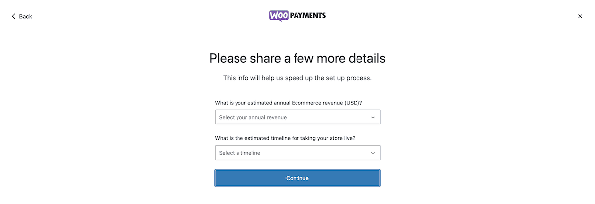 WooPayments에 연간 수익 정보를 입력합니다.