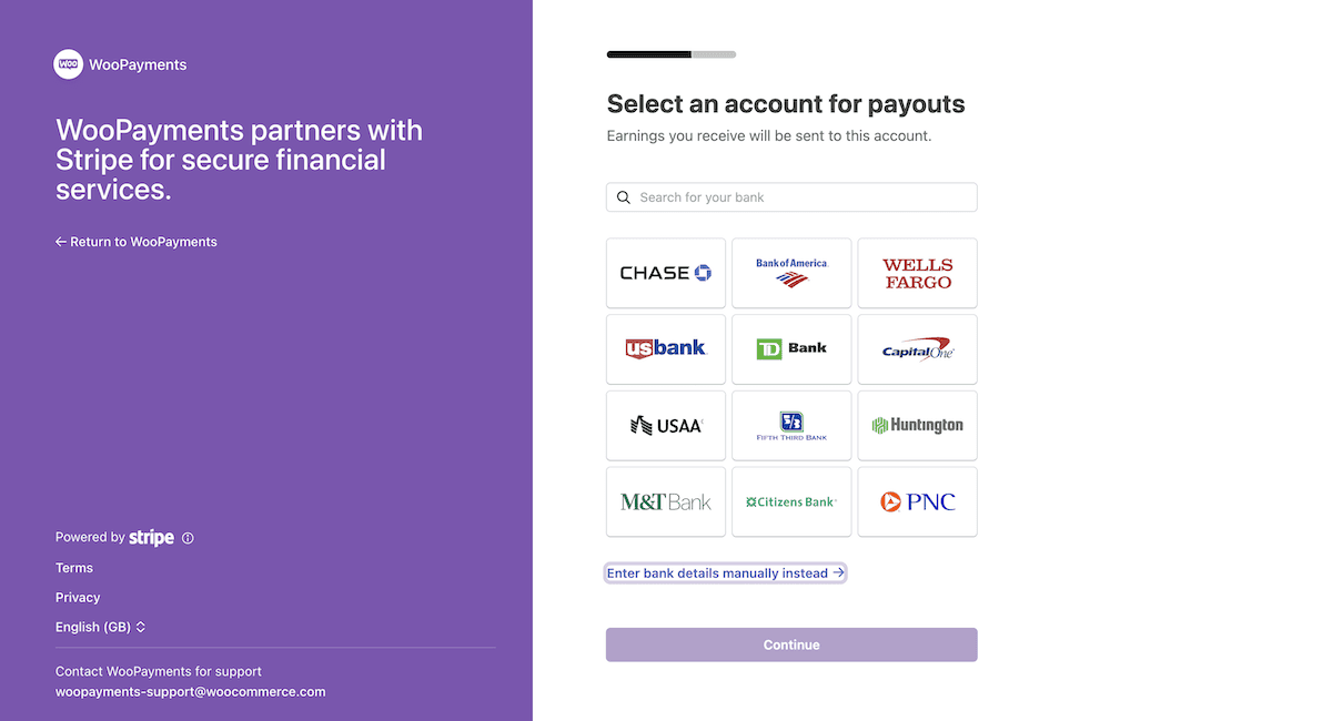 Stripe의 WooPayments 설정 화면에 있는 목록에서 특정 은행을 선택하세요.