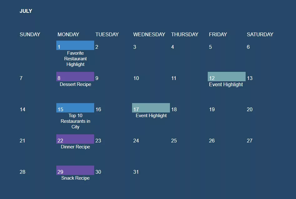 calendario dei contenuti per esempio di blogging internazionale
