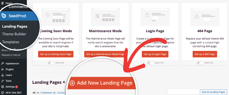 aggiungi una nuova pagina di destinazione in seedprod - IsItWP - Rilevatore di temi WordPress gratuito add new landing page in seedprod