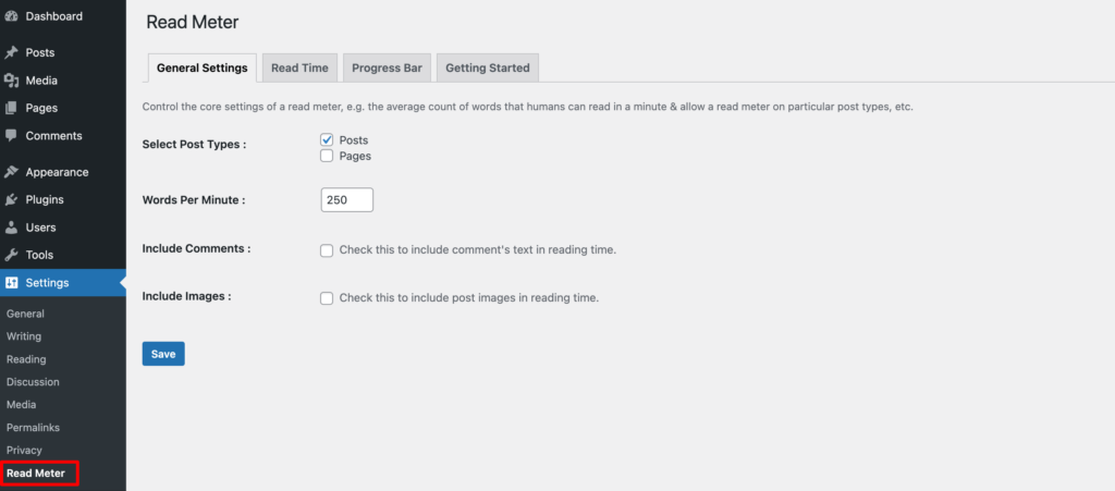 Esta imagem mostra como configurar as Configurações Gerais do plugin Read Meter