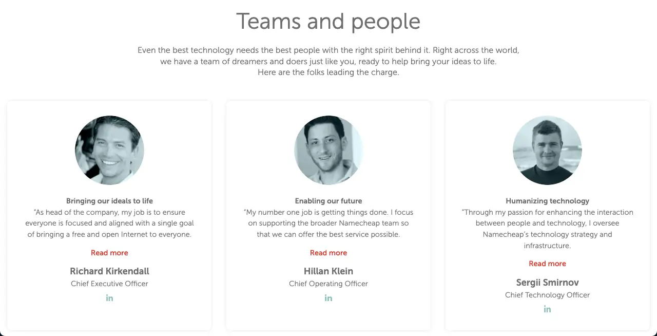 あなたのサイトに最適な 15 以上の Meet the Team ページの例 2 Namecheap meet the team page