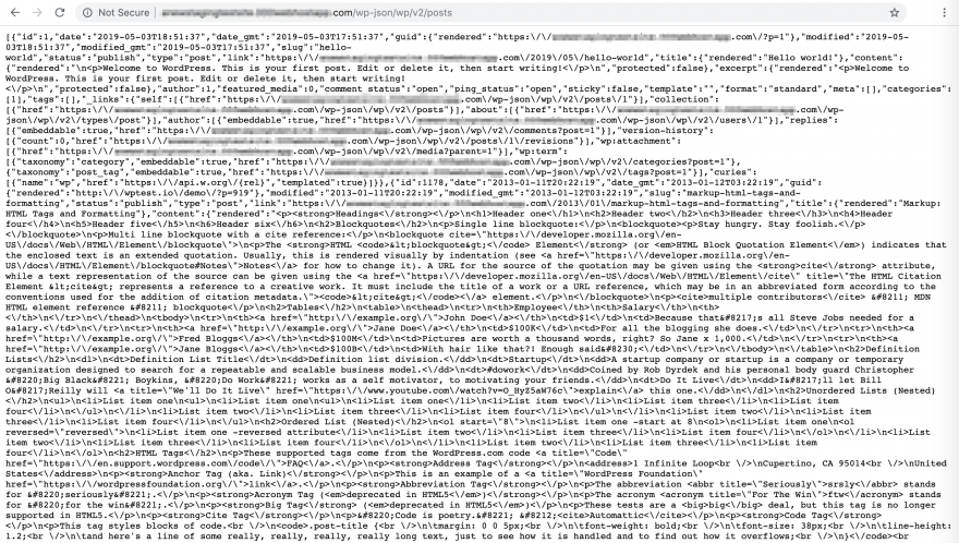 WordPress REST API를 통해 모든 게시물을 요청한 후 JSON이 반환되었습니다.