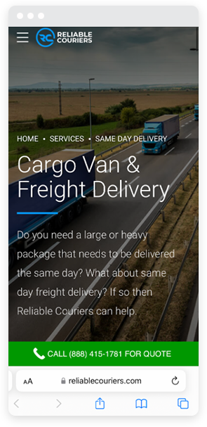 Reliable Couriers 랜딩 페이지의 모바일 버전