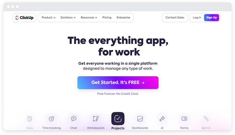 ClickUp 홈페이지 흰색 배경의 스크린샷