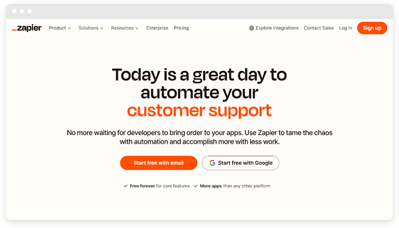흰색 배경과 주황색 텍스트가 있는 Zapier 방문 페이지