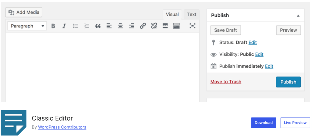 Esta es una imagen del Editor clásico: el complemento de WordPress más popular