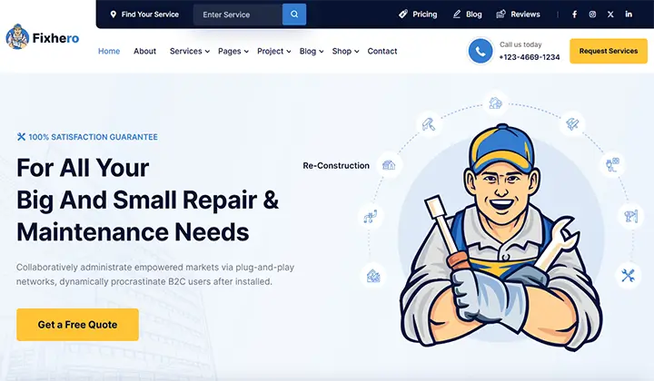 WordPress 2024 用のベスト便利屋 Web サイトのテーマとテンプレート 11 11 fixhero 1268
