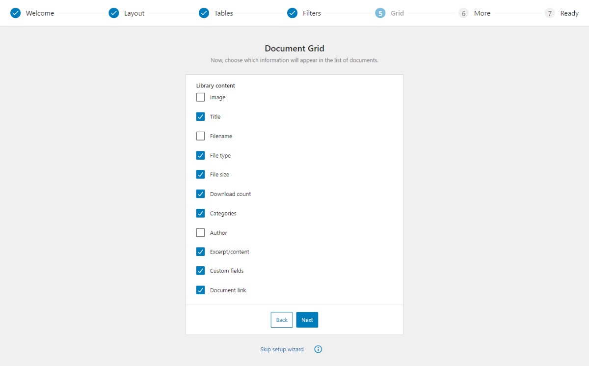 Las opciones de Cuadrícula dentro del asistente de configuración de Document Library Pro.