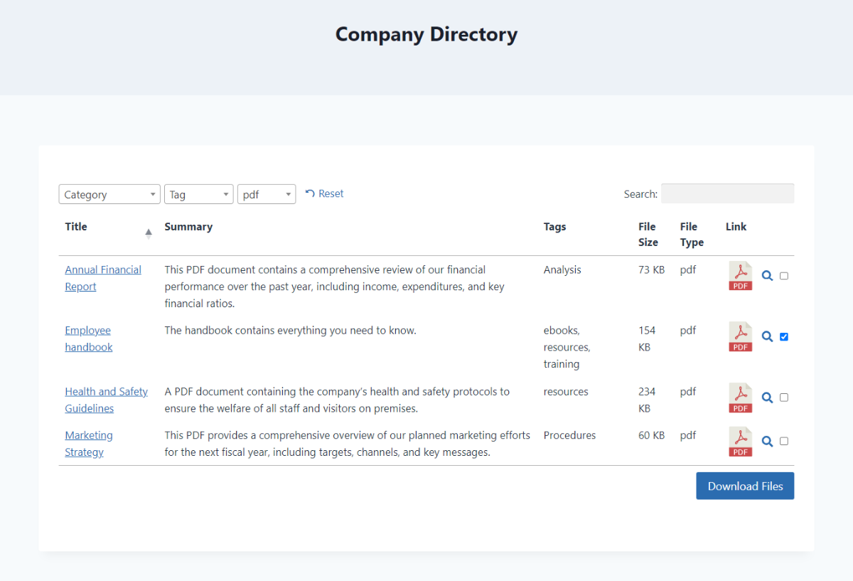 La interfaz de un sitio web que muestra una biblioteca PDF de WordPress utilizando Document Library Pro.