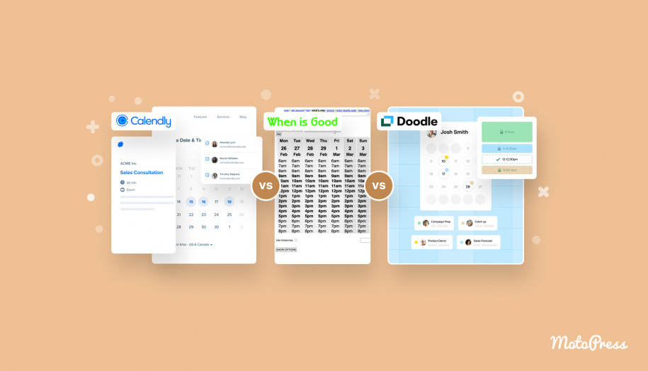 Colagem dos softwares WhenIsGood, Calendly e Doodle.
