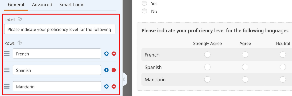 Opções de campo de escala Likert - WPForms Likert Scale options