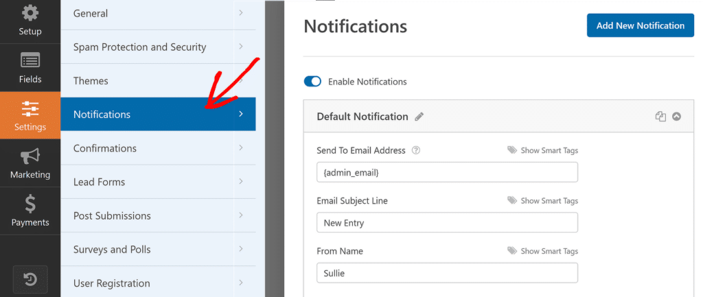 Notificações - WPForms Notification settings
