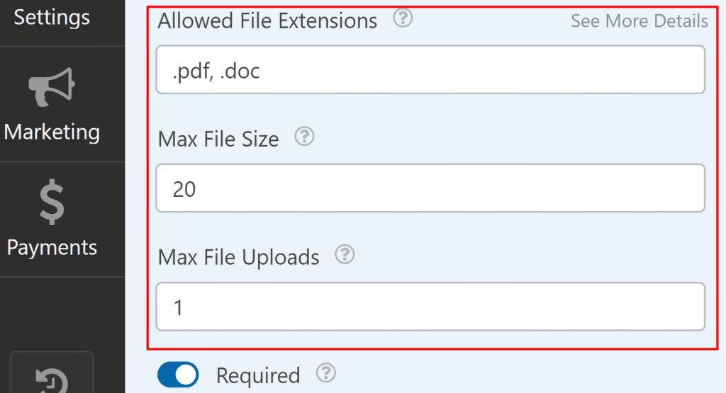 Configurações adicionais do campo de upload de arquivo - WPForms File upload field additional settings
