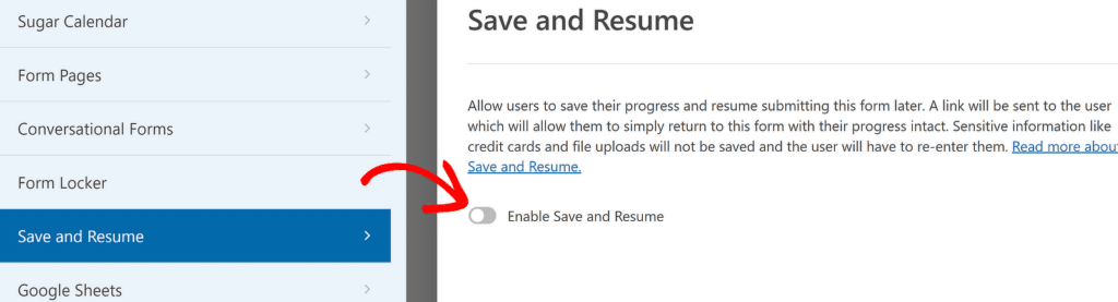 Ativar Salvar e Retomar - WPForms Enable Save and Resume