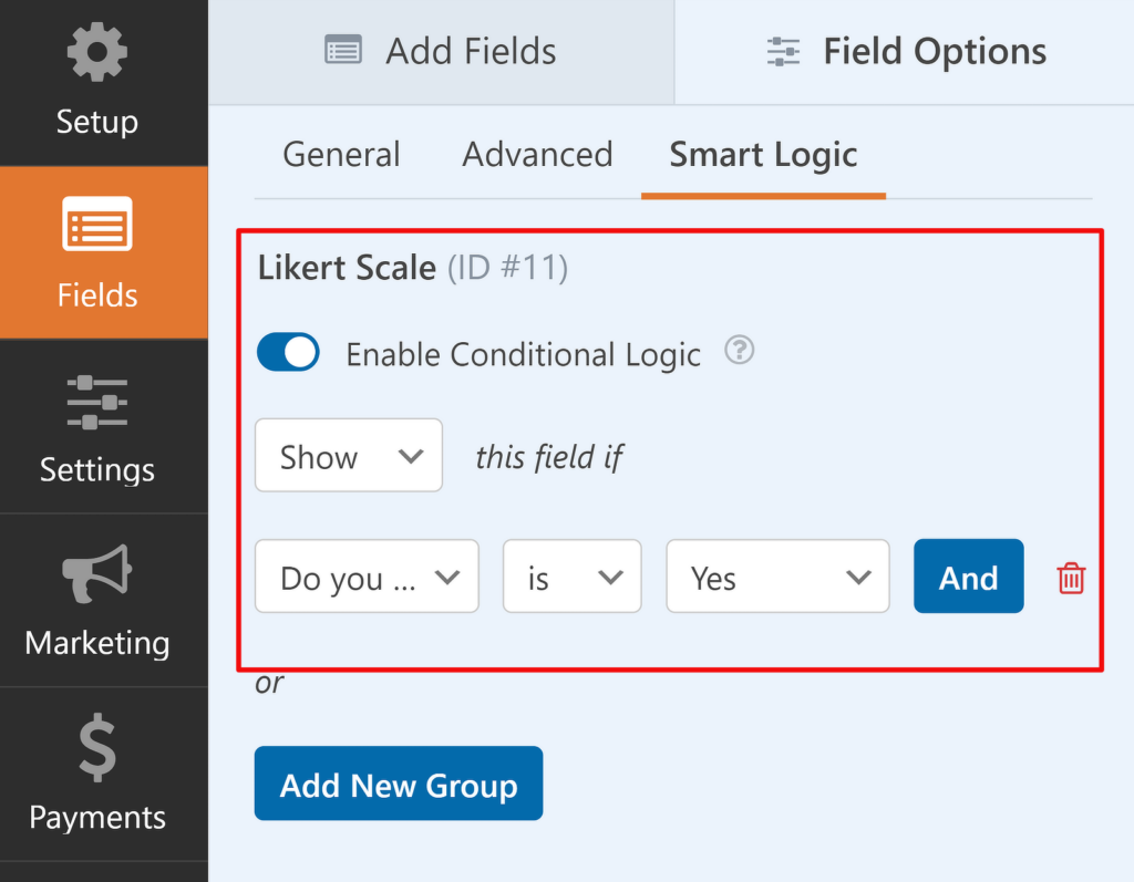 Configuração do Smart Logic - WPForms Smart logic setup