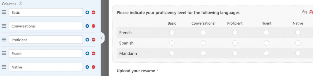 Colunas em escala Likert - WPForms Likert scale columns