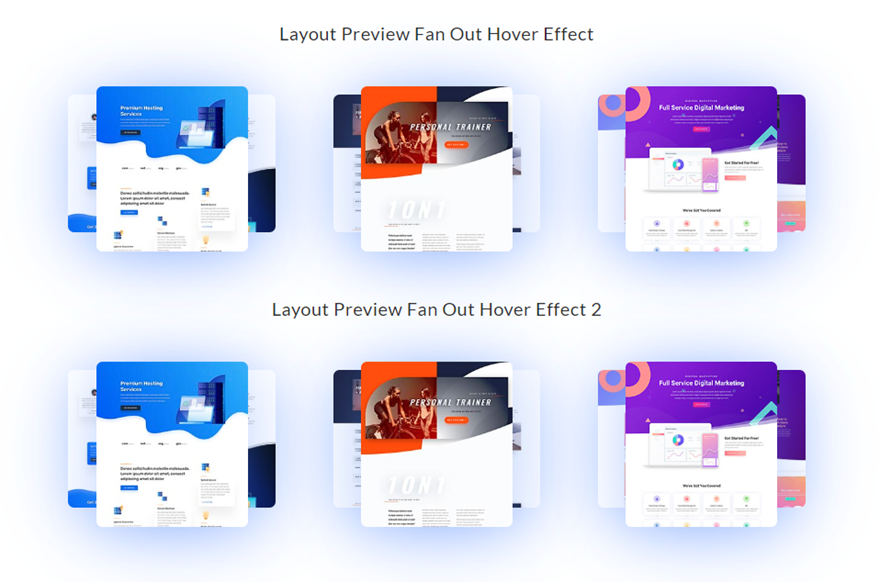Divi layout pack preview efeitos de flutuação em leque