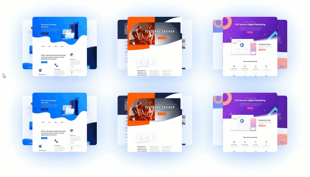 Divi layout pack preview efeitos de flutuação em leque