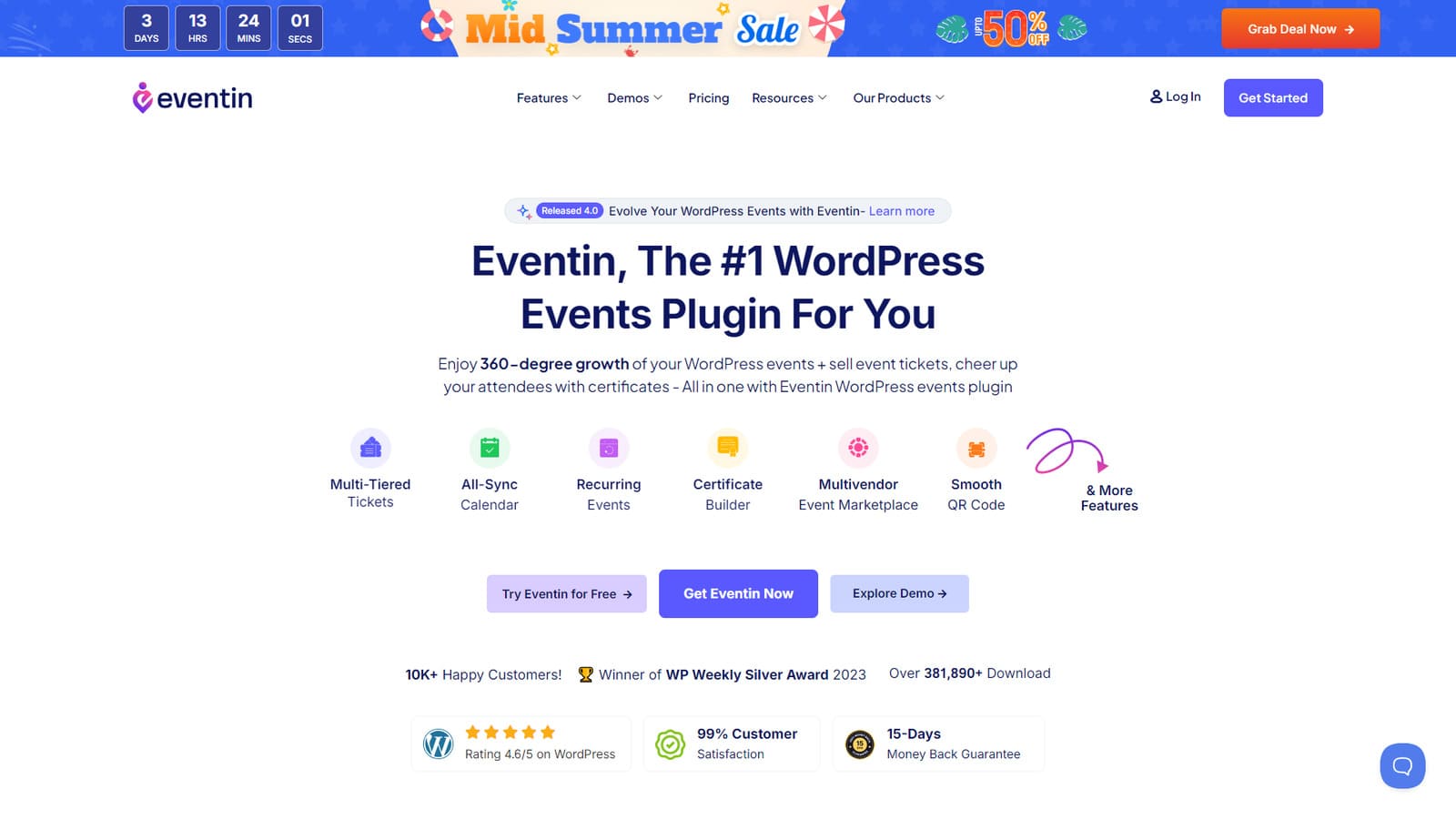 Representación de Eventin, un complemento de eventos de WordPress ampliamente utilizado con programación simplificada.