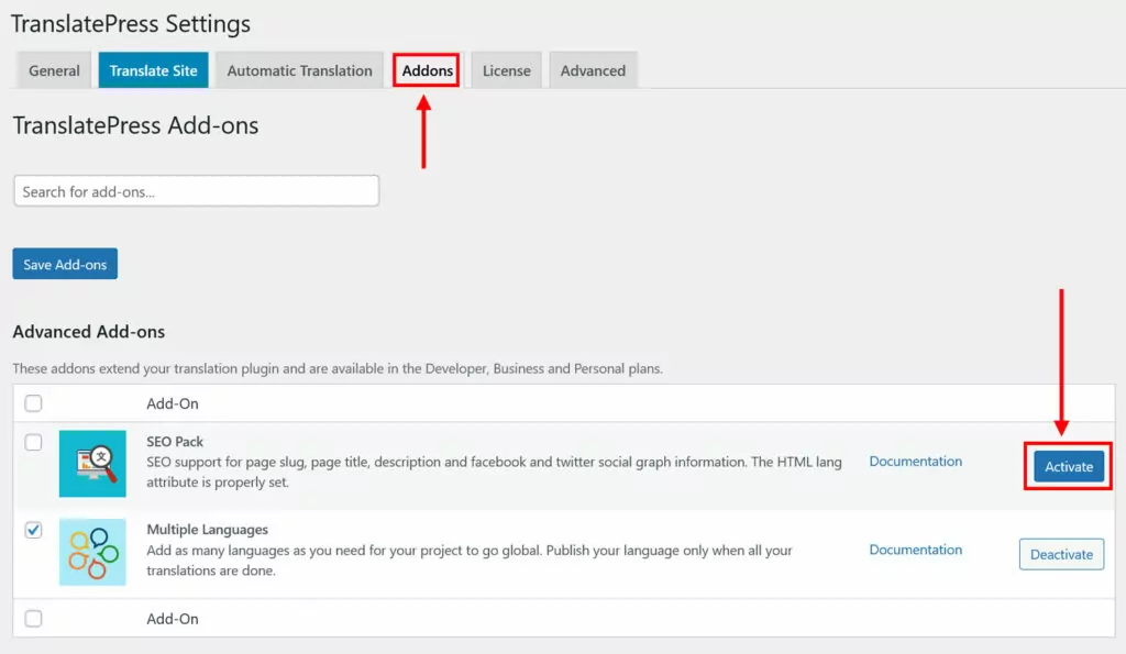 activer le pack SEO Translatepress
