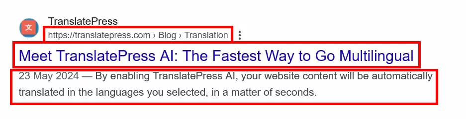 méta-description du titre de la page URL de la page dans les résultats de recherche Google