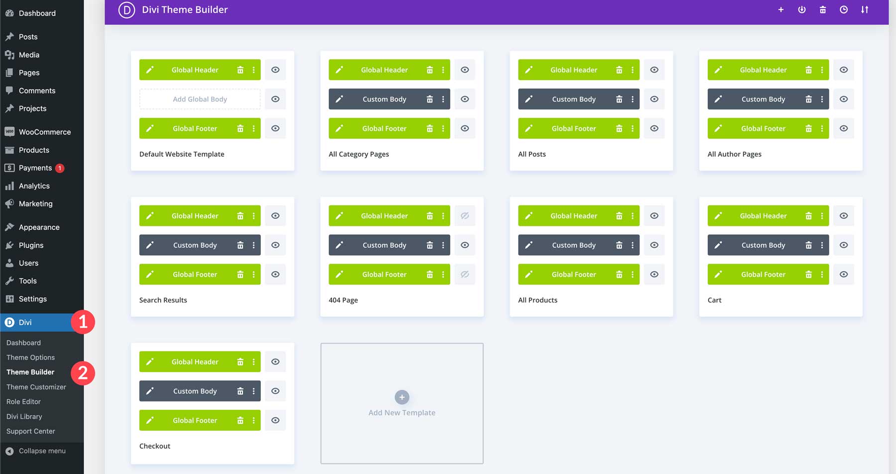 Modelos do Divi Theme Builder