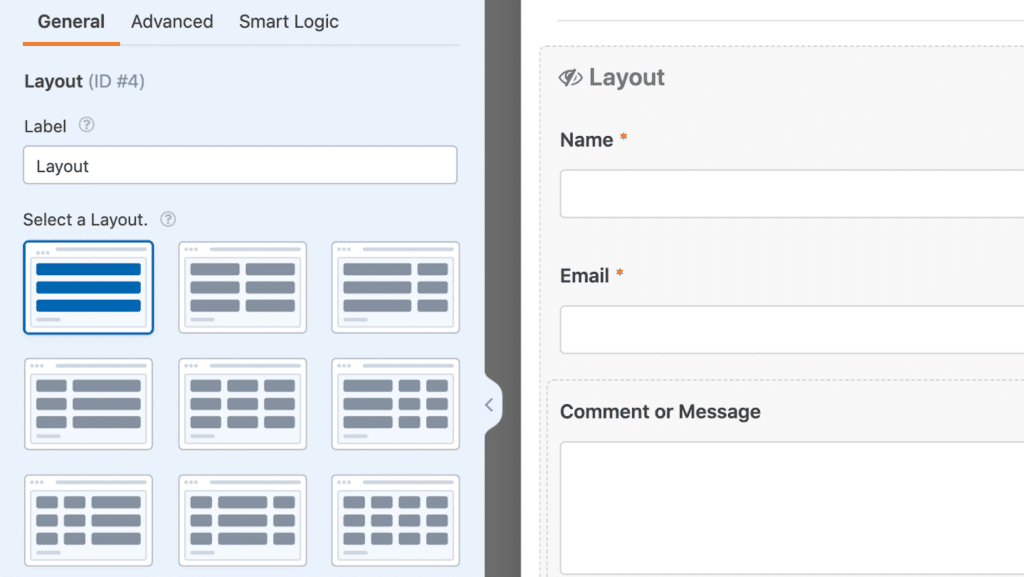 Layout arquivado em coluna única - WPForms Selecting the layout field format