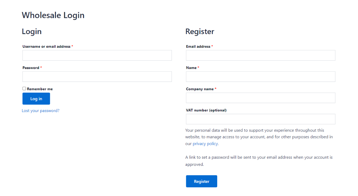 Le formulaire d'inscription et d'inscription du plugin WooCommerce Wholesale Pro.