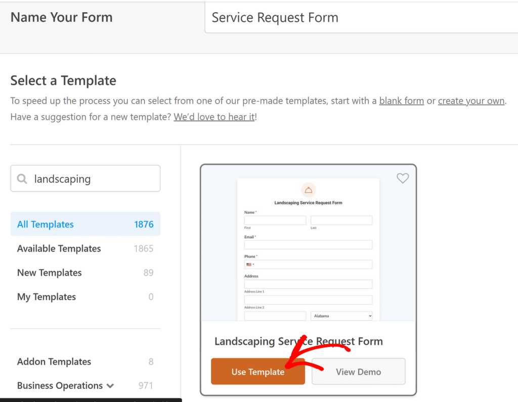 เทมเพลตแบบฟอร์มคำขอบริการจัดสวน - WPForms Landscaing service request form template