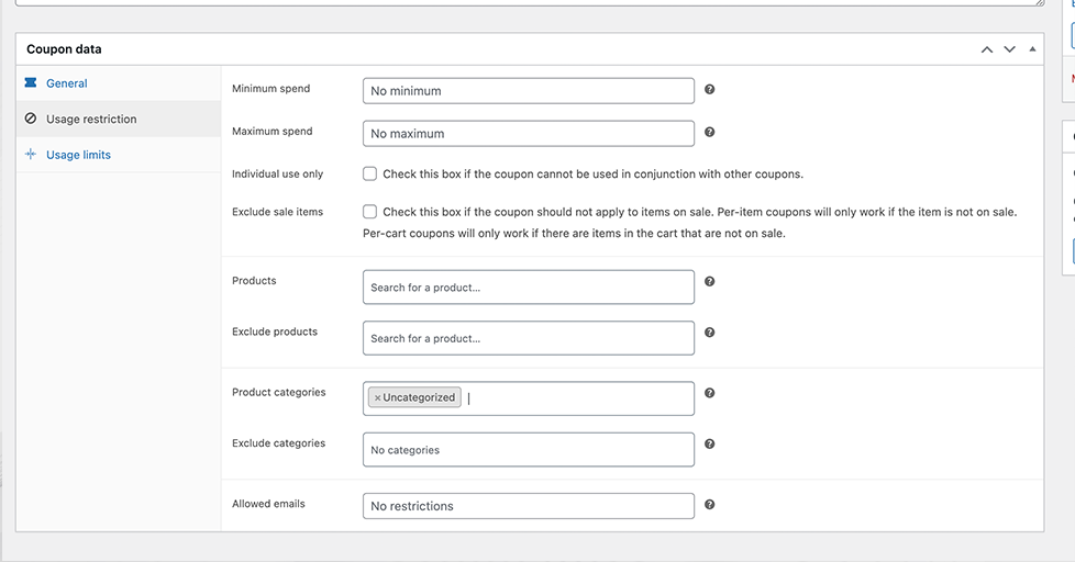 ¿Cómo crear cupones de WooCommerce? (Una guía paso a paso) 6 Usage Restriction in Woocommerce Coupons