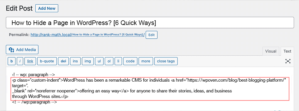 ¿Cómo sangrar párrafos en un sitio web de WordPress? 4 formas rápidas 13 Wrapping paragraph with the custom CSS code for indentation