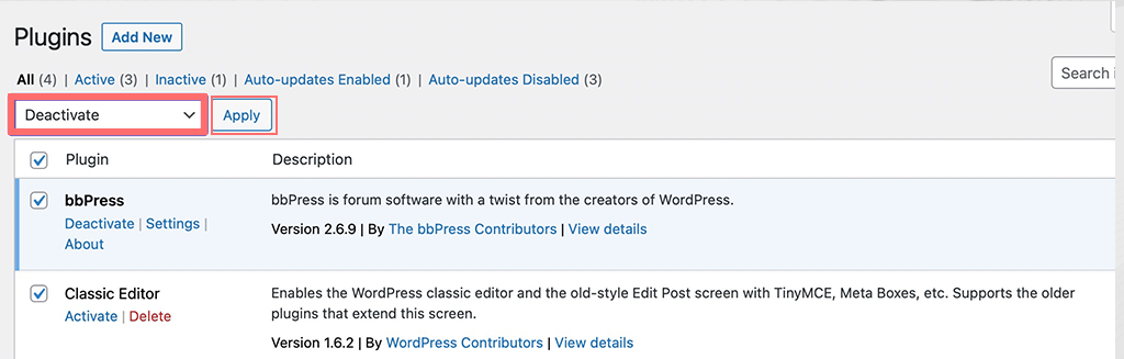Jak naprawić nieprawidłowy błąd JSON w WordPress: 10 szybkich sposobów 7 Deactivating WordPress plugins in bulk