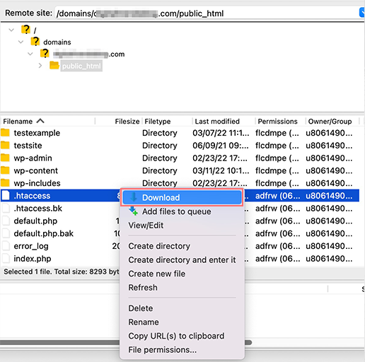 Jak naprawić nieprawidłowy błąd JSON w WordPress: 10 szybkich sposobów 6 Downloading .htaccess file from the server for backup