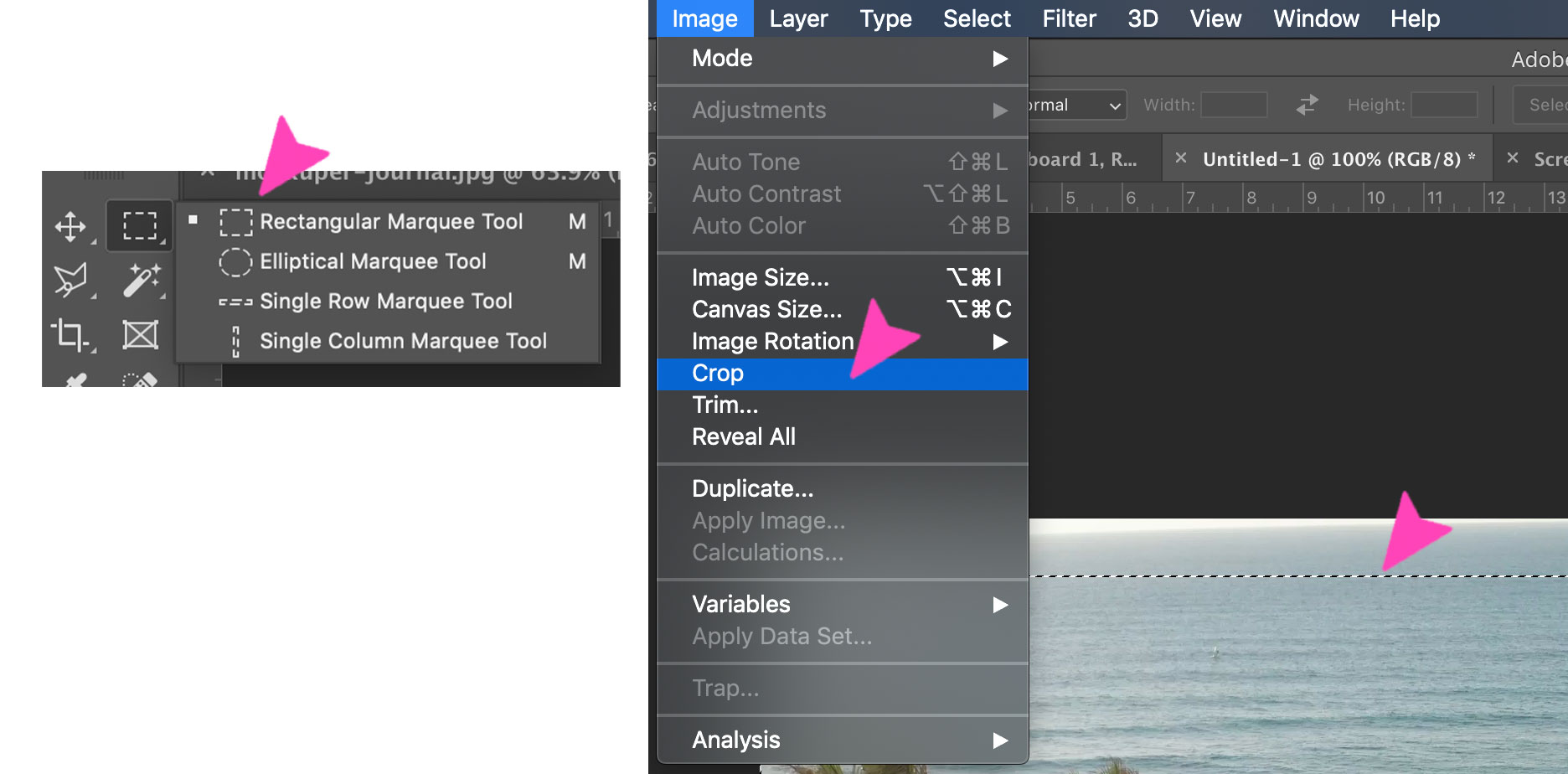 capture d'écran d'une action photoshop - sélectionnez et recadrez