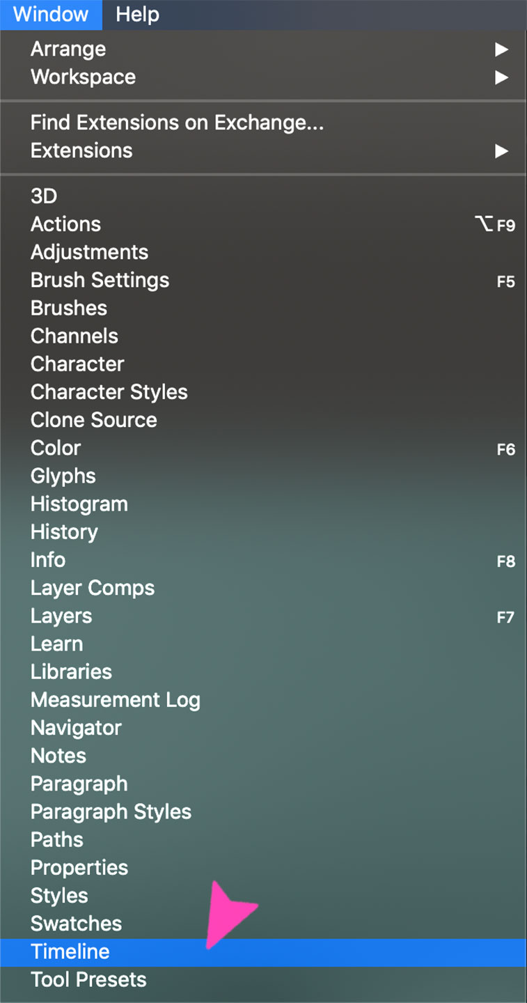 capture d'écran d'une action photoshop pour ouvrir la fenêtre de la chronologie