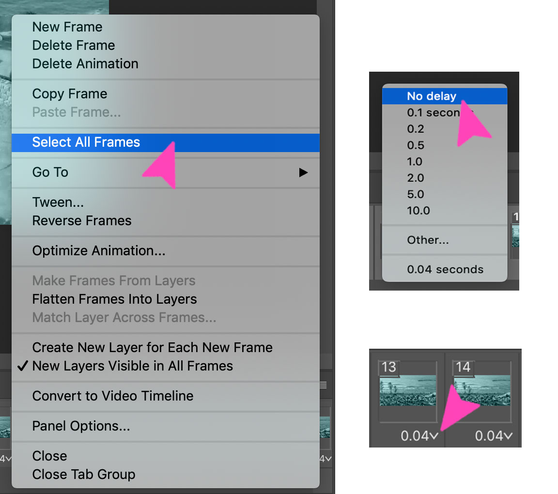 capture d'écran d'une action photoshop - utilisation de la chronologie pour contrôler la vitesse d'un GIF