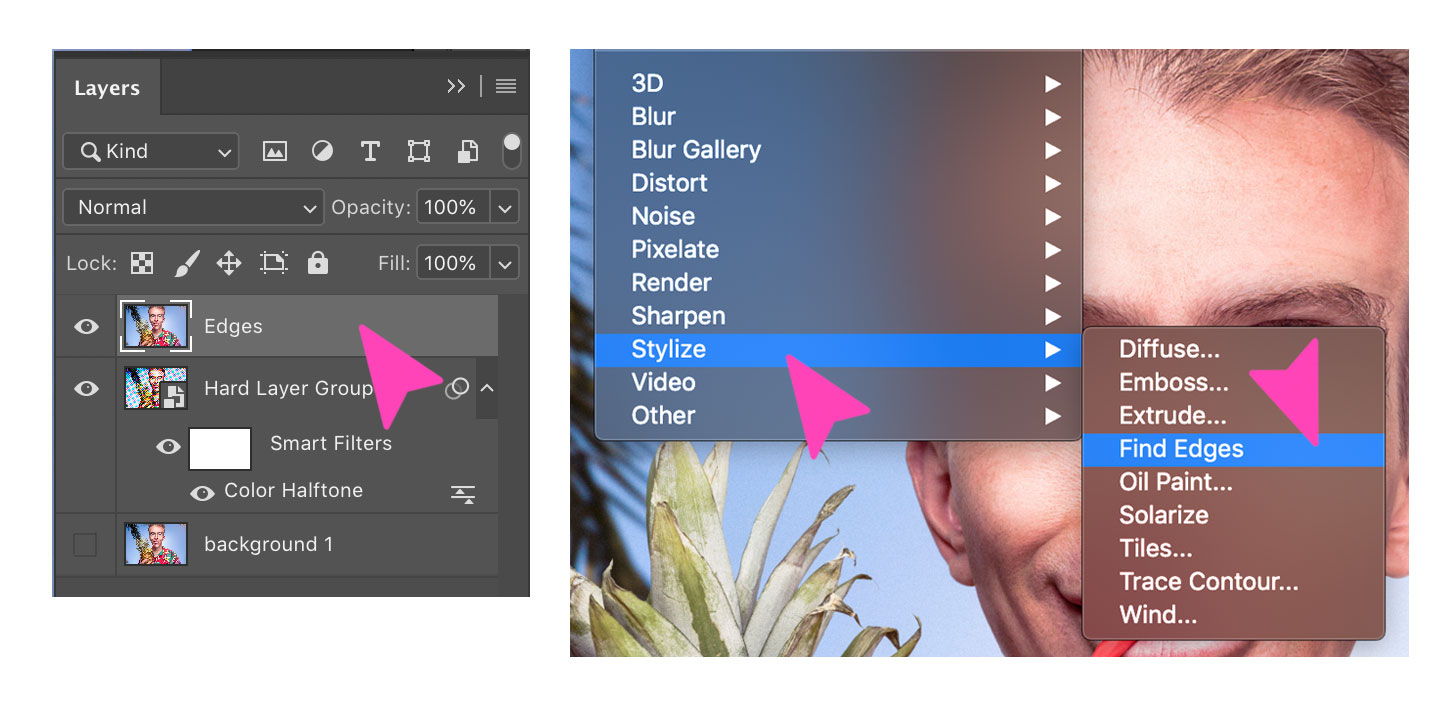 Screenshot der Photoshop-Aktion des Filters Kanten suchen